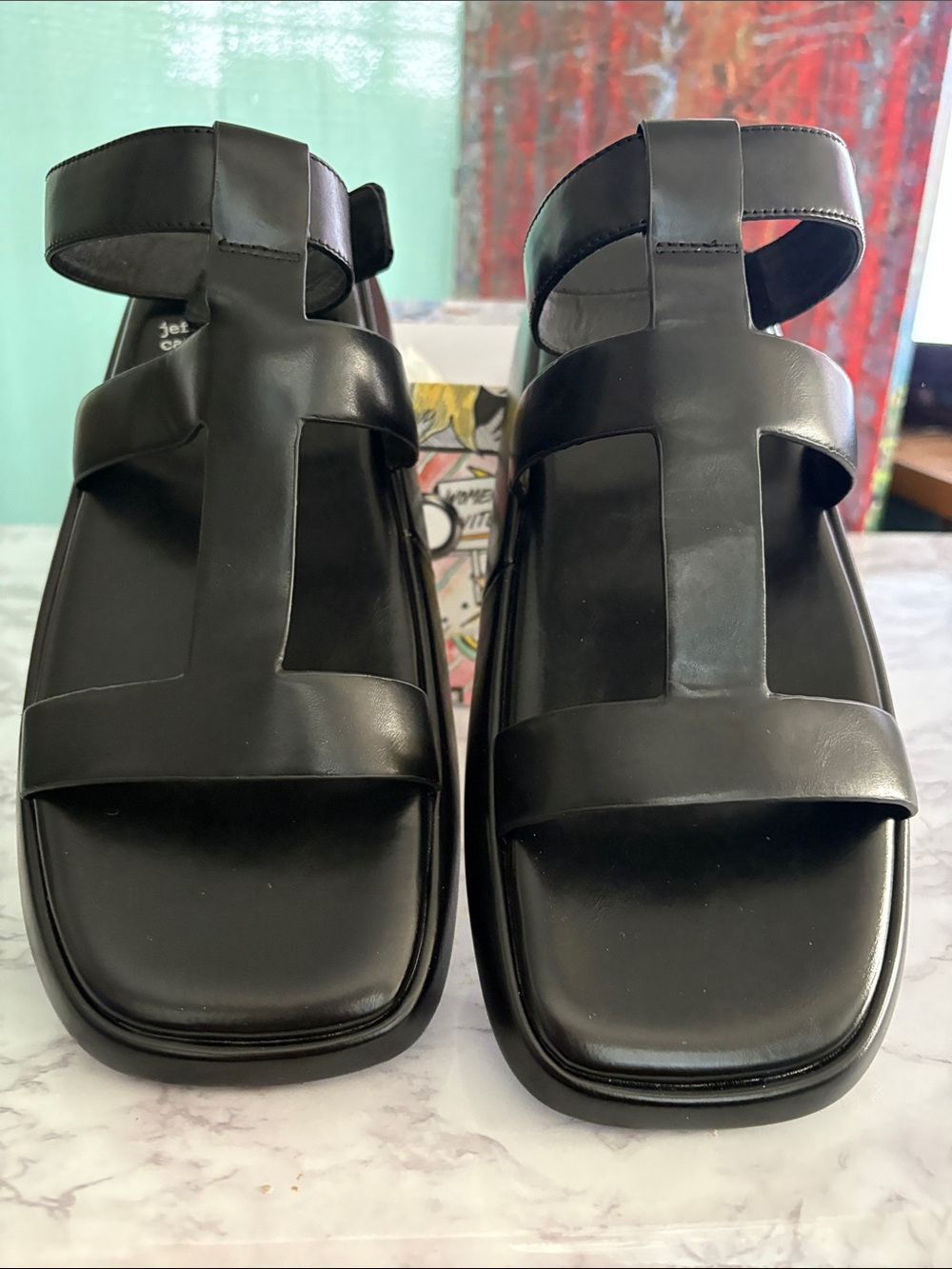 Jeffrey Campbell Black Leather Square-Toe Strappy Sandals